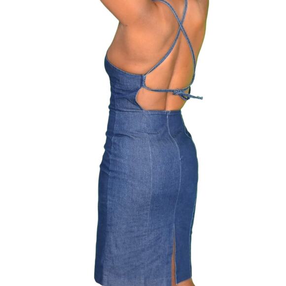 Vintage Guess Denim Dress Blue Jean Bodycon Pencil Halter Back Ties Size Small - Picture 13 of 15